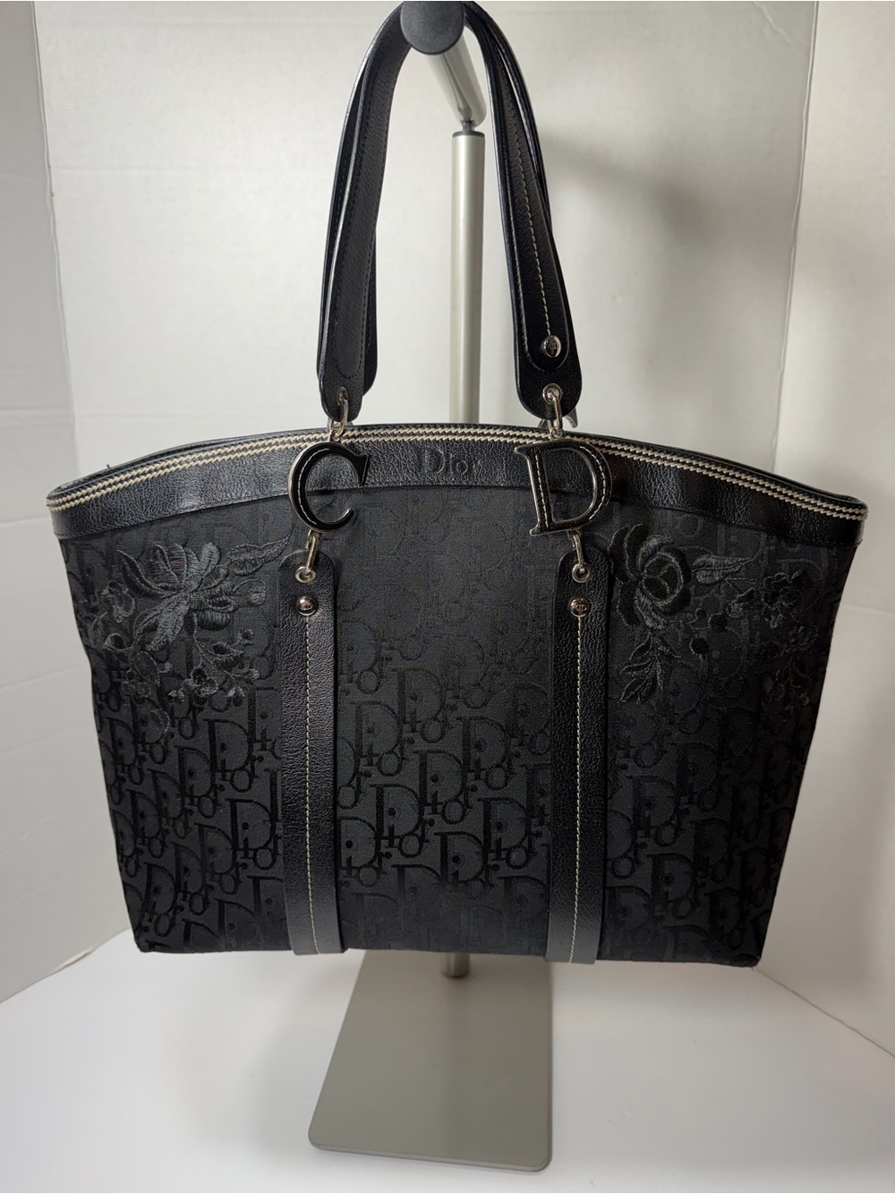 Dior Trotter Tote Shoulder Bag Black Canvas Leather  Flower Embroidery Authentic